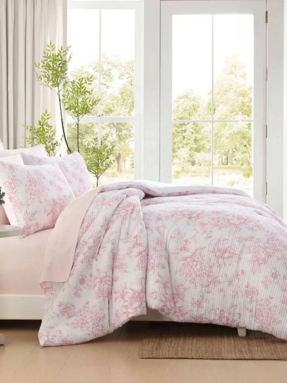 Laura Ashley Blush Pink Floral Delphine Waffle TWIN Comforter Set